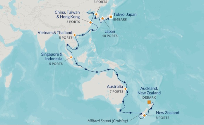 Japan to New Zealand Grand Voyage Map