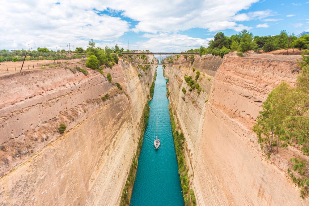 Nautical vessel sailing through the Corinth Canal, Corinthia region, Greece, Europe   1137973780 resized