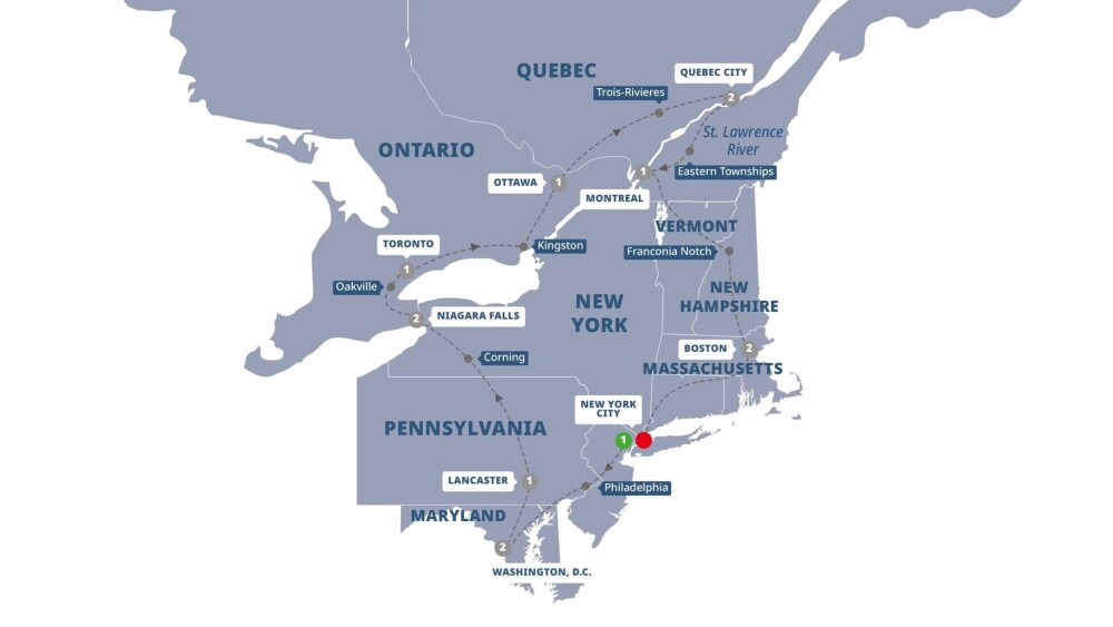 Trafalgar East Coast USA and Canada Map