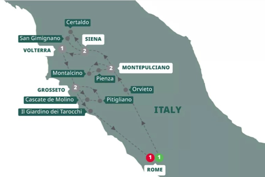 Villages of Tuscany map Trafalgar