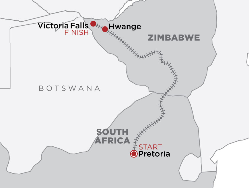 World Journeys packageMap Pretoria to Victoria Falls