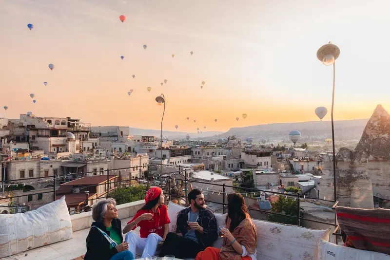 Intrepid Travel Turkey Cappadocia tea and hot air balloons at sunrise 045A4283